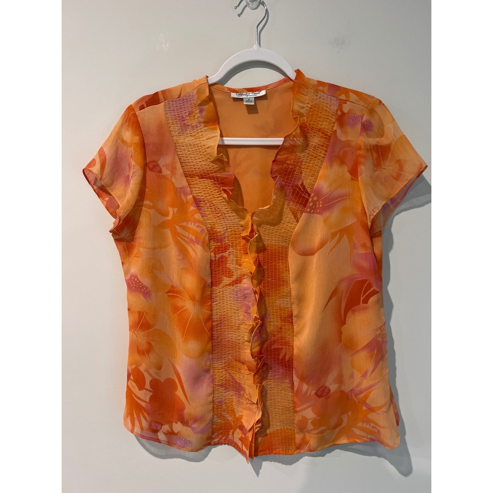 Coldwater Creek Orange Tropical Lined Floral Ruffle V-Neck Chiffon Blouse Medium
